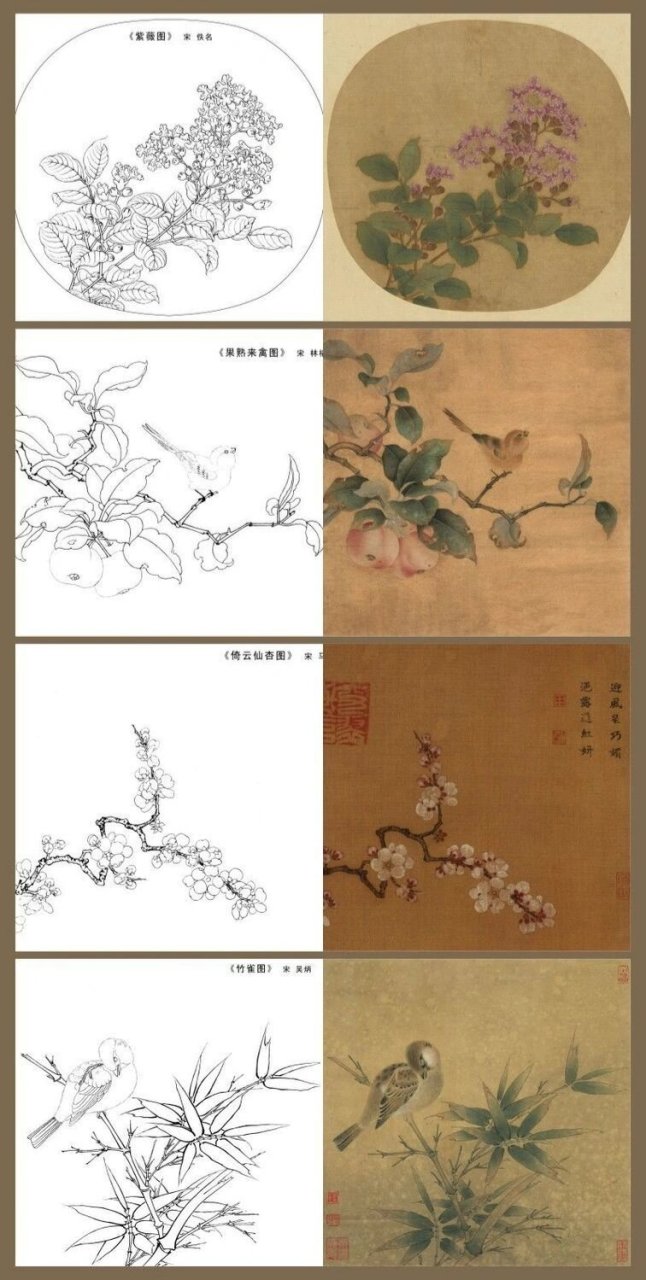 宋代工笔花鸟 白描底稿图 宋画白描临摹 宋代绘画是在中国宋代期间的
