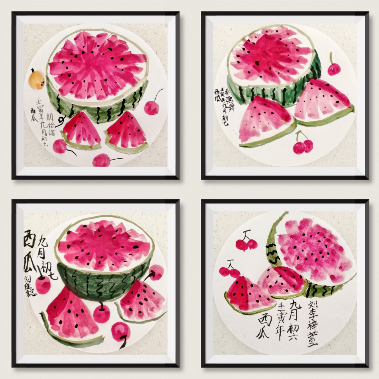 儿童国画《西瓜》919191 工具:大小白云毛笔,38×38半生熟宣卡