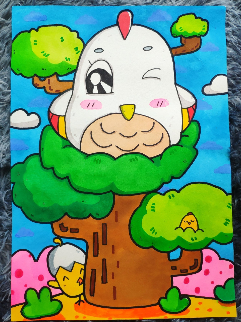 儿童简笔水彩画 线稿有一部分没画,上色的时候才补上的