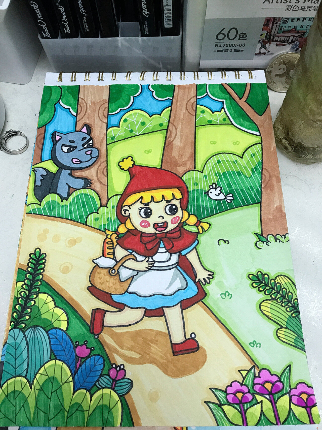 马克笔儿童插画故事《小红帽》