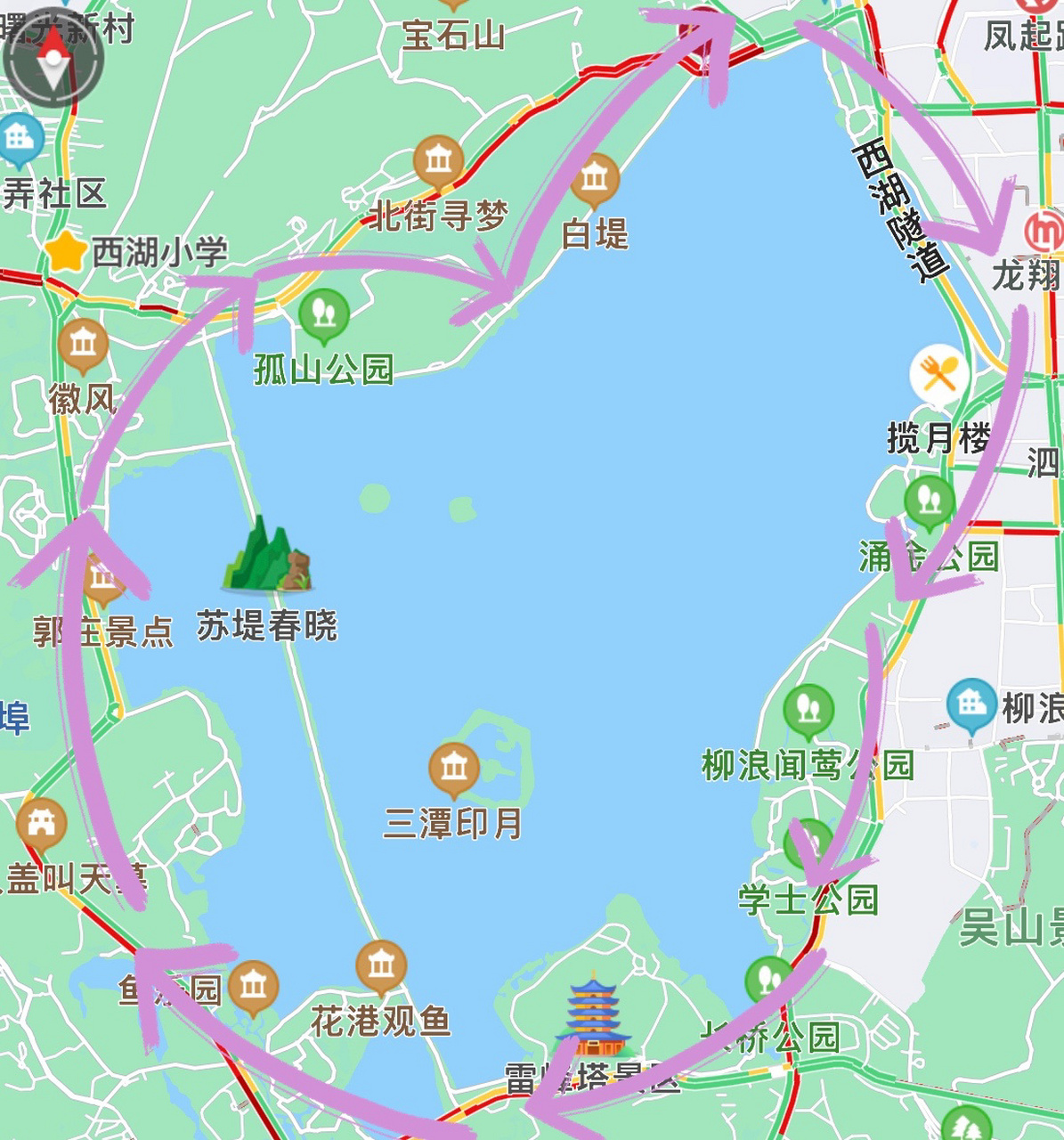 徒步路线西湖完整一圈全程14.