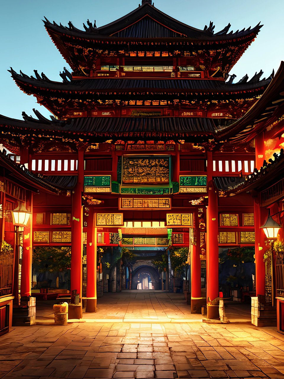 古风插画16山水阁楼夕阳傍晚下的灯光