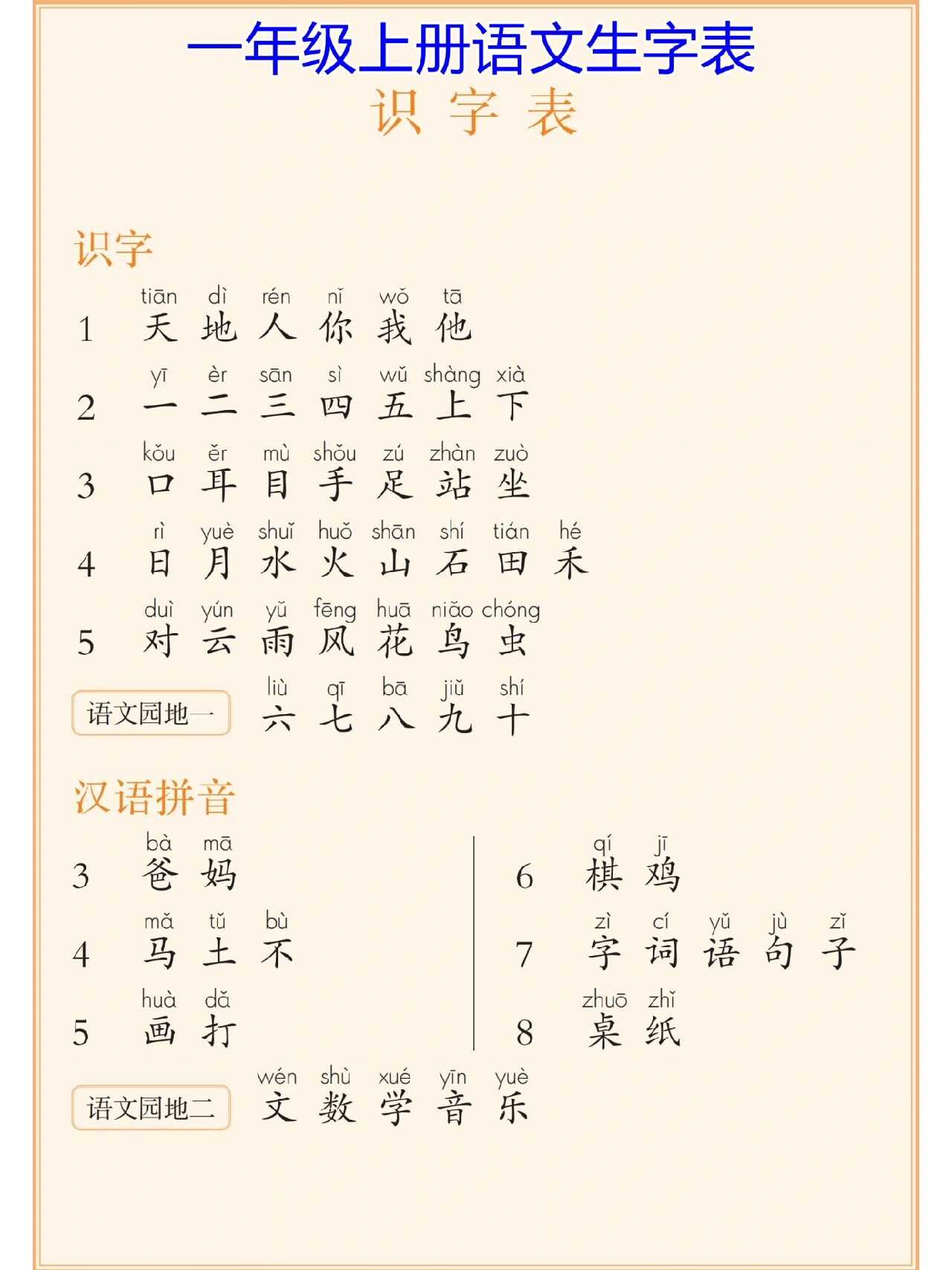 小学一年级上册语文生字表