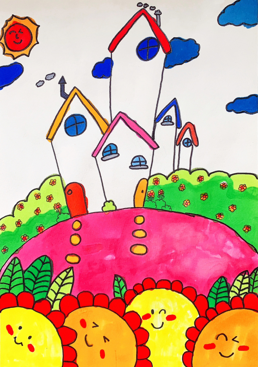 一年级小朋友绘画,我的家园,花园房子