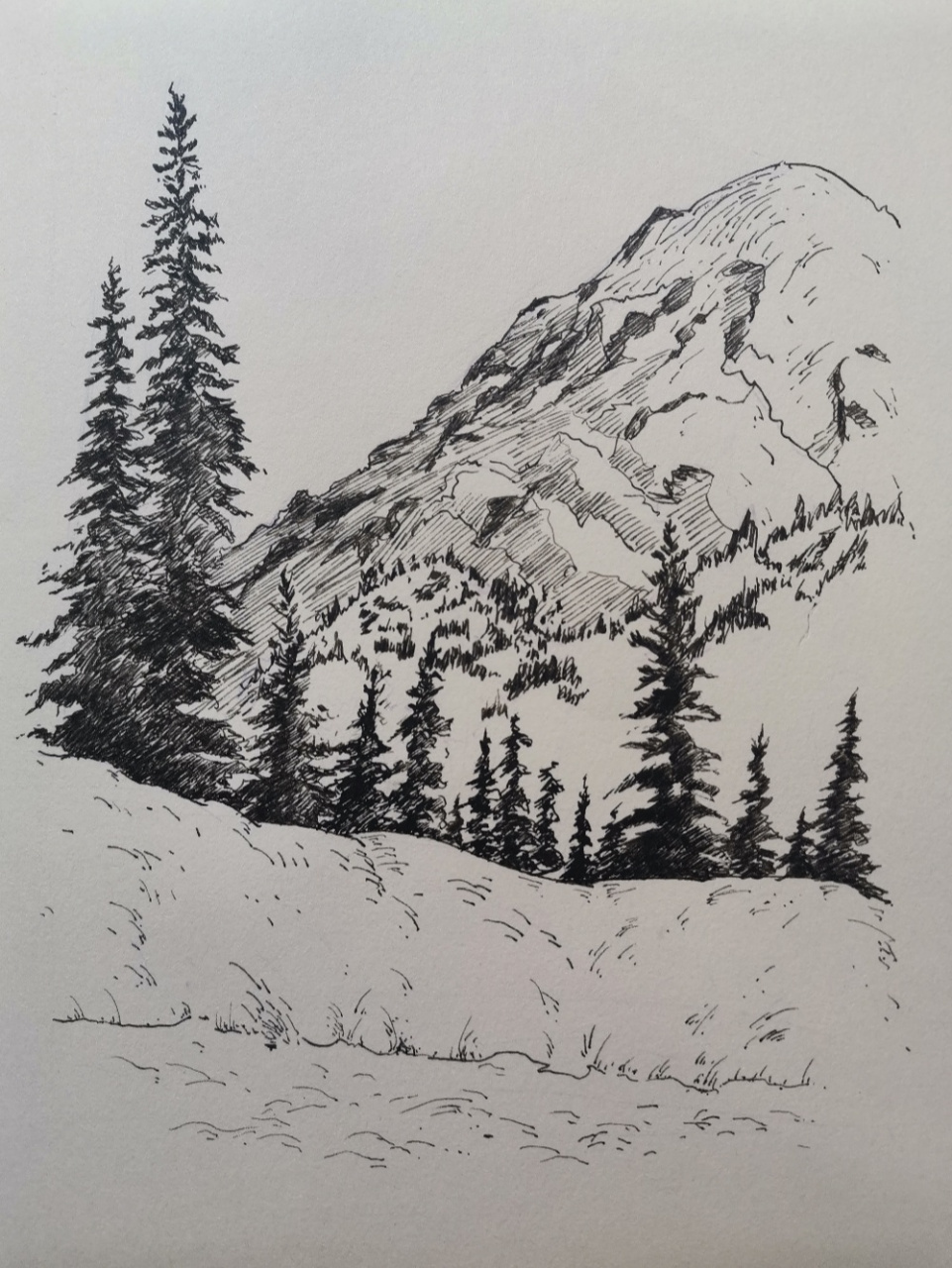 山川雪景钢笔速写教程 1. 找到一张照片; 2.