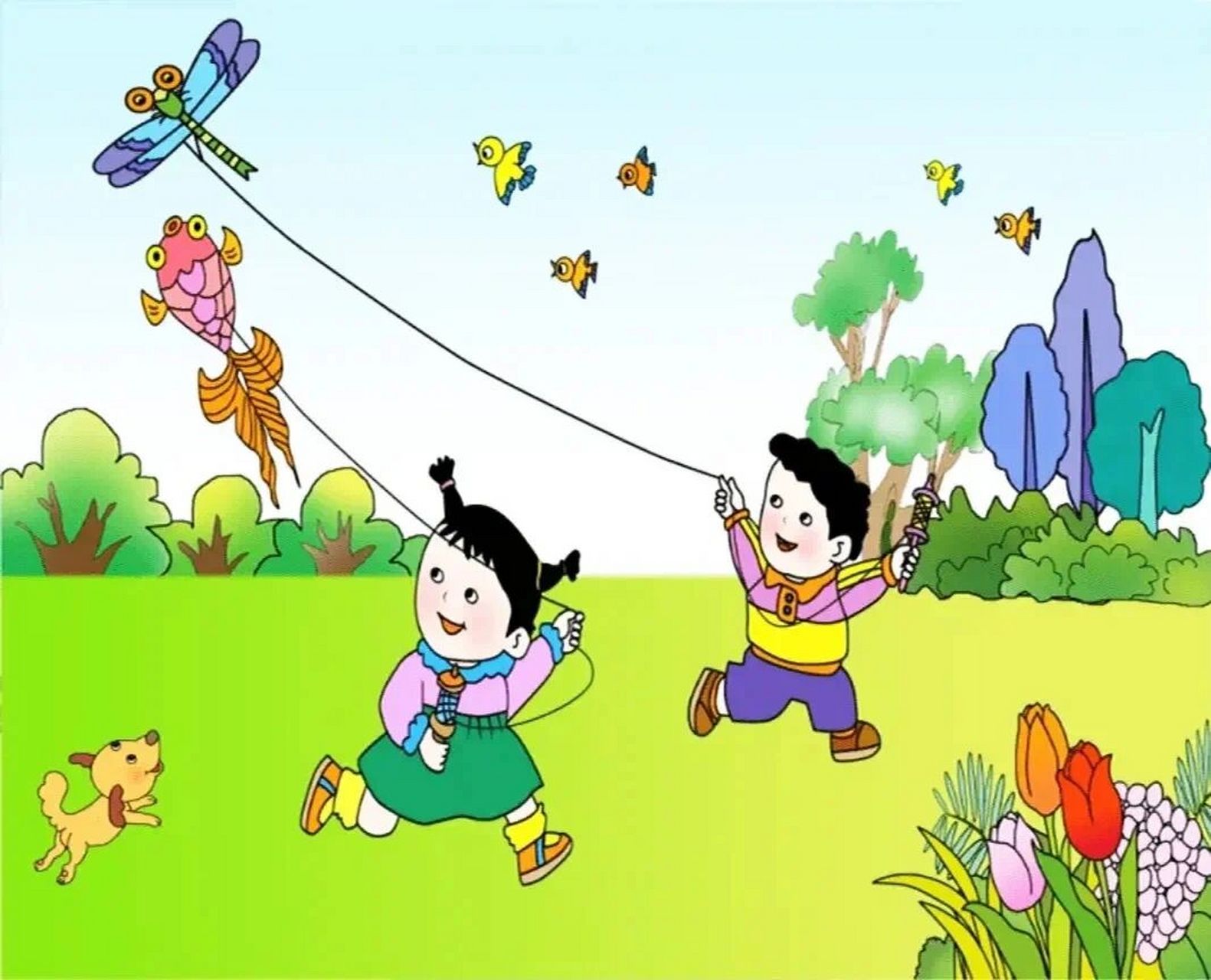 放风筝 仔细观察,图上都有谁?是什么季节?他们在干什么?