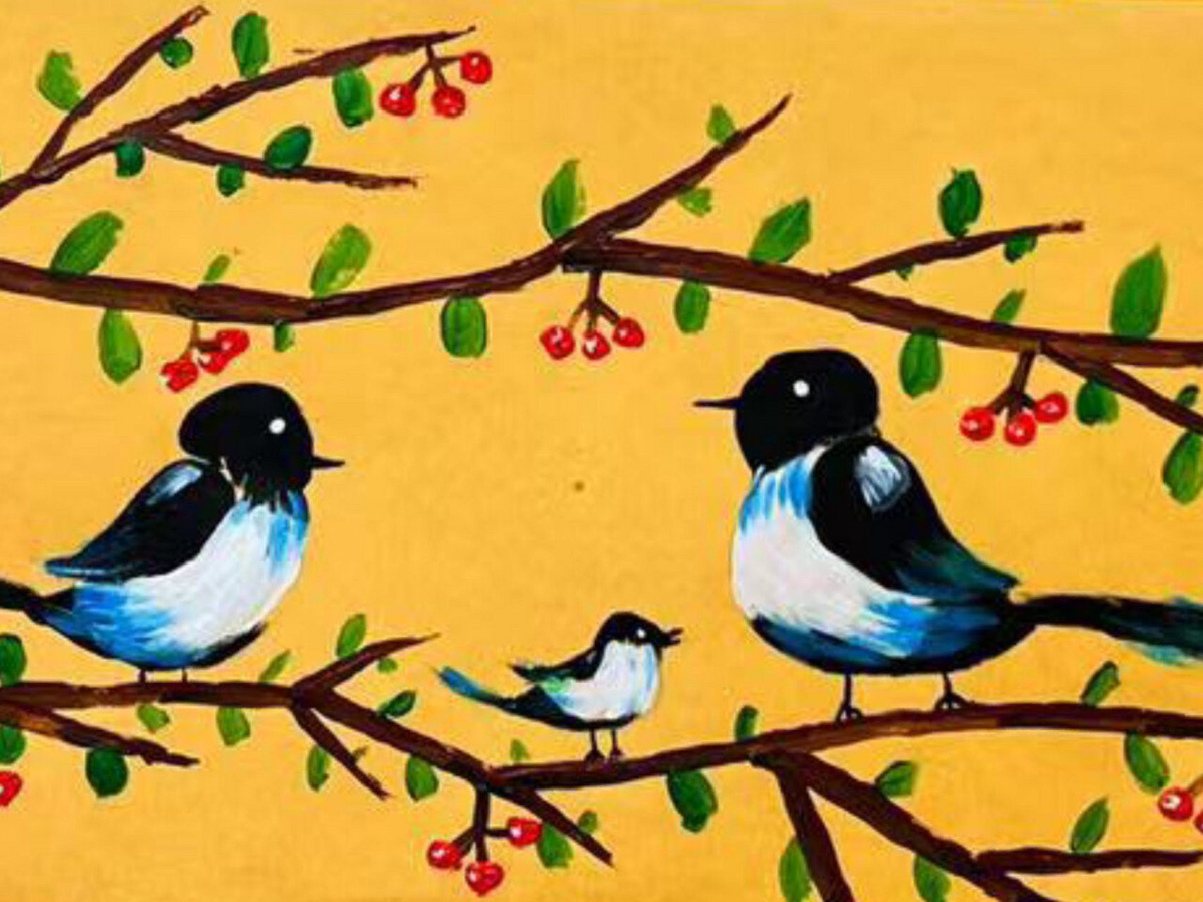 水粉画《喜鹊》