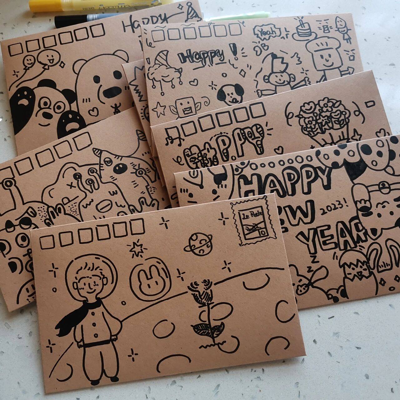 93为给朋友生日写信买了很多简易信封,看见分享贴在信封上绘画就试