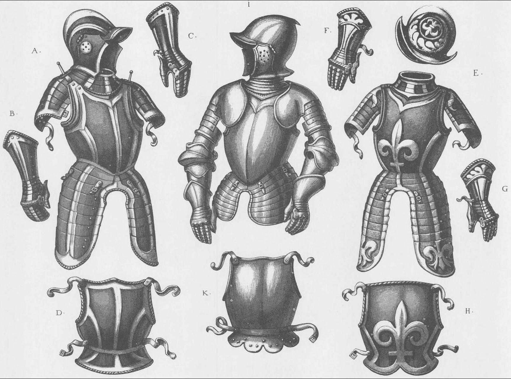 17世纪前半叶的半甲套装 a组配有勃艮第盔,附带面甲和活动颊甲.