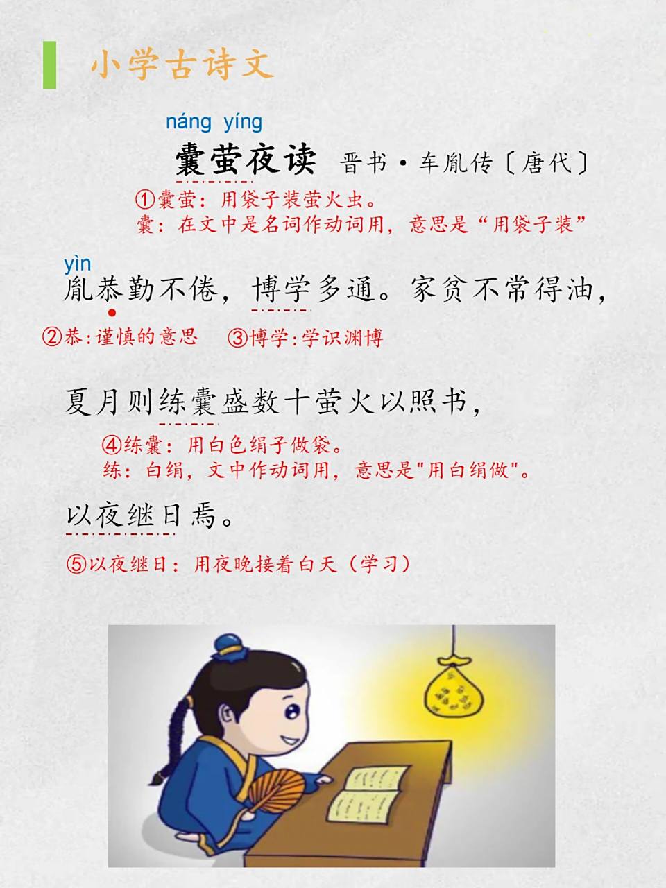 小学古诗|《囊萤夜读》 《囊萤夜读》 胤恭勤不倦,博学多通.