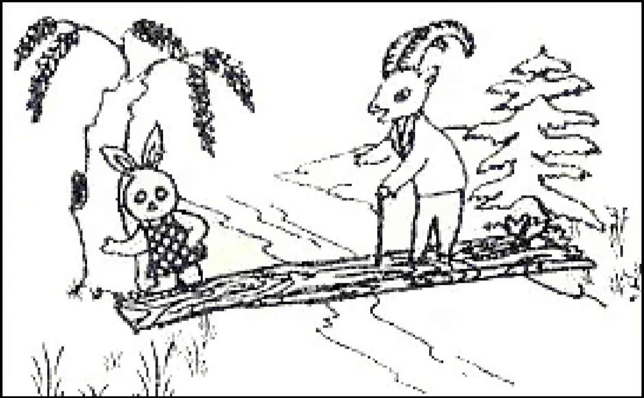 他走呀走呀,来到小河边,看到了一座独木桥,他刚走到独木桥上,老山羊