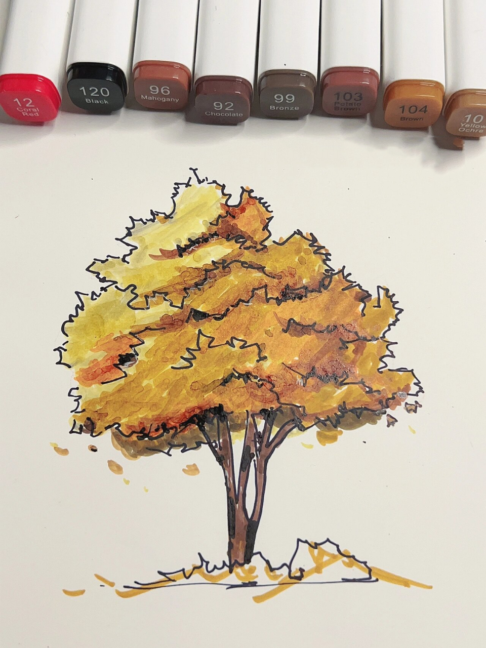 94马克笔|新手入门画一棵秋天的树98 97 速涂一棵秋天的树 马克