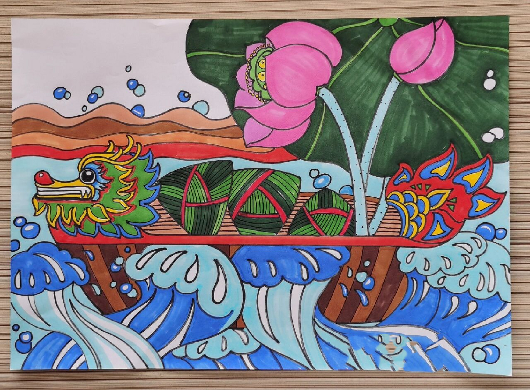 端午节儿童画 端午节儿童画赛龙舟,粽子,荷花,浪花