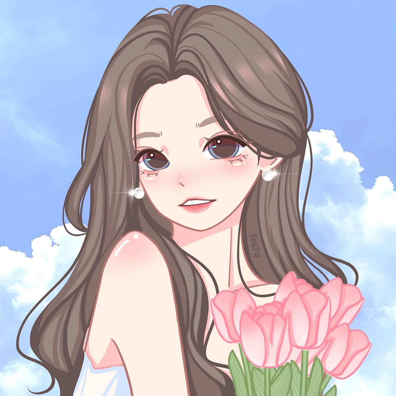 卡通头像|郁金香女孩～蓝头发粉头发也好米 之前画的线稿啦 🉑️