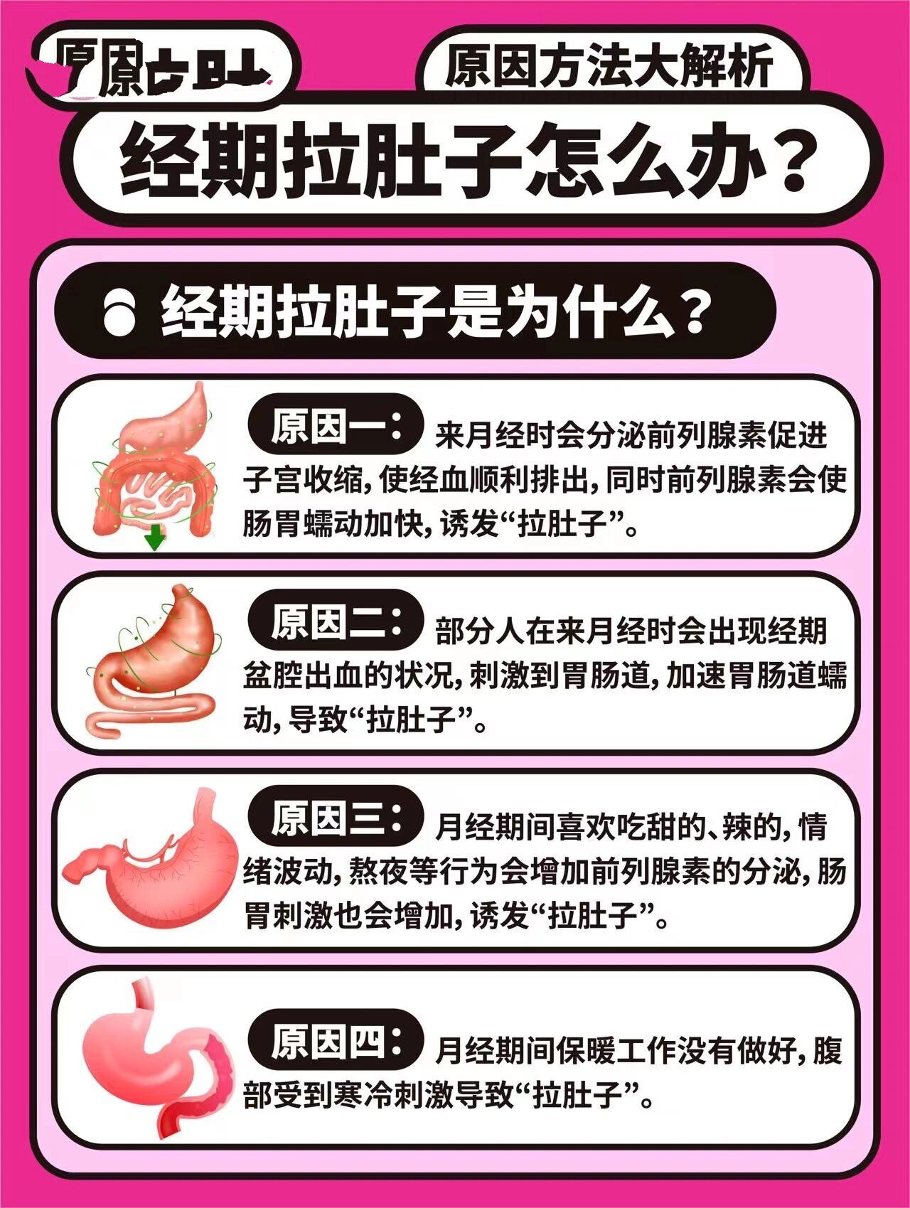原因一来月经时会分泌前列腺素促进子宫收缩使经血顺利排出同时