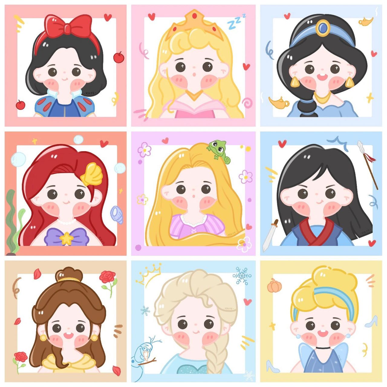 超可爱的迪士尼公主头像合集 / 手绘头像 终于集齐了迪士尼公主九宫格