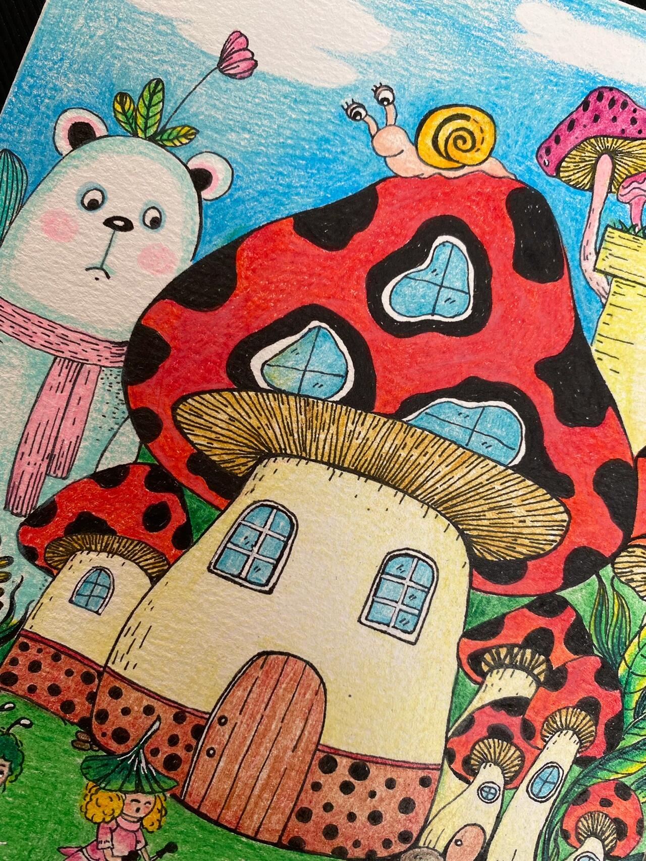 蘑菇小屋 蘑菇简笔画 童话插画 装饰画 蘑菇小屋 教小孩儿捏蘑菇.