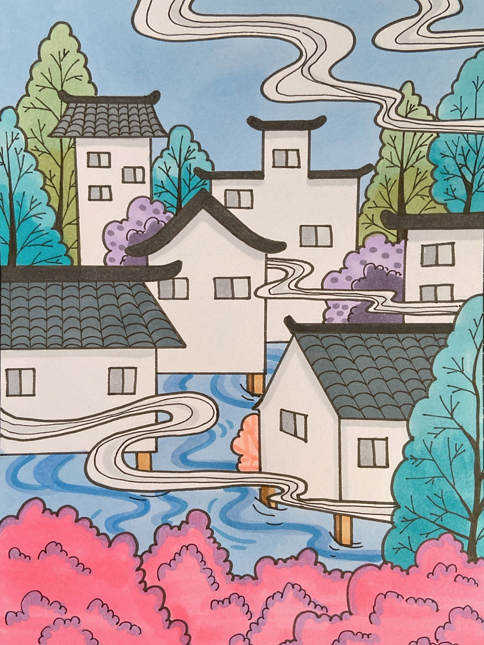 雾天小镇古城古镇徽派建筑儿童画简笔画儿创 美术宝 迷雾都市 课效