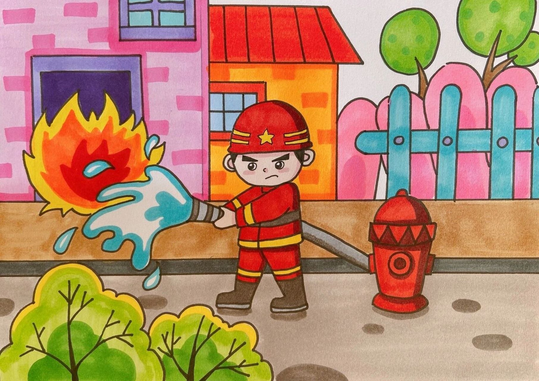 消防主题儿童画简笔画消防员救火灾建筑儿创 去救火 课效