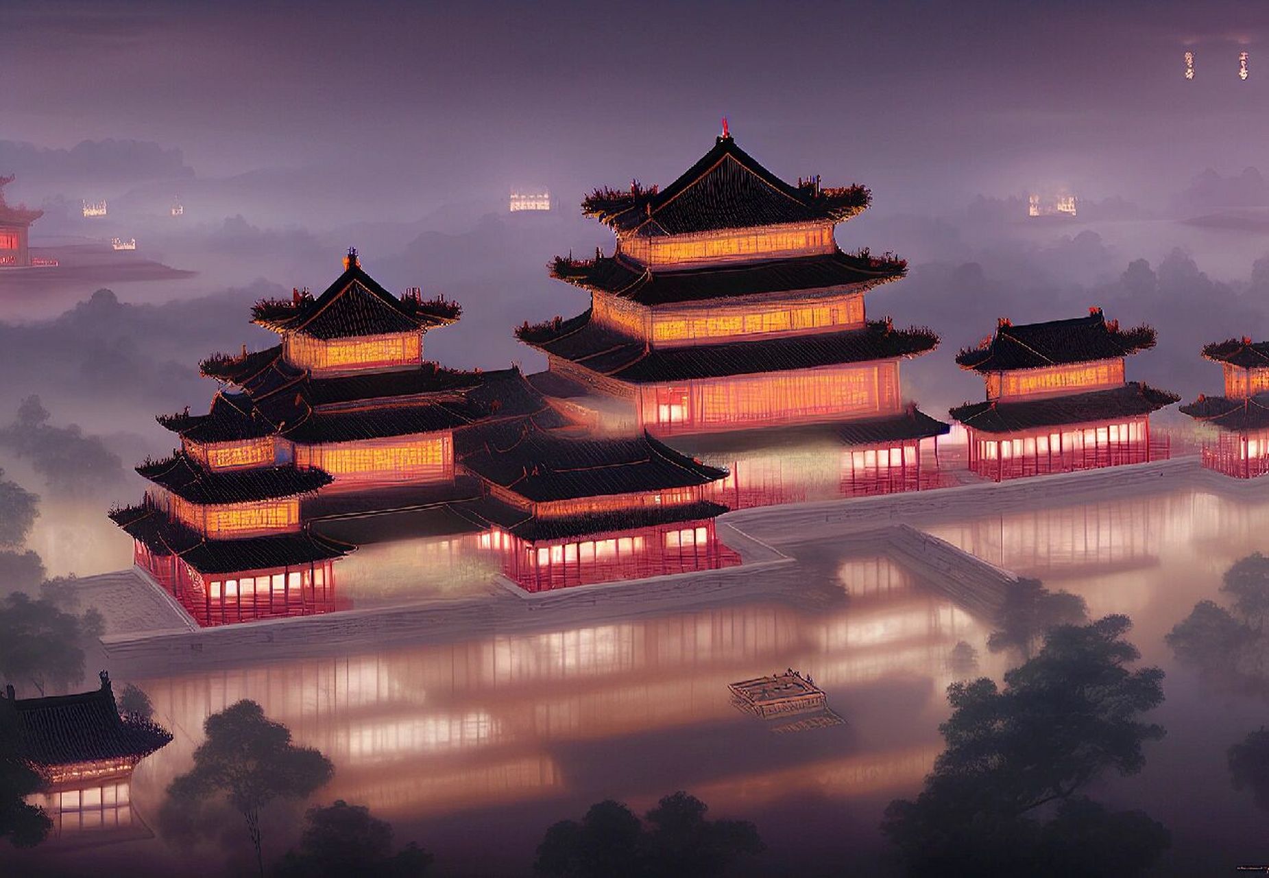 中式亭台楼阁场景概念设计 楼阁外,歌如酒,夜莺孤伫,愁莫入君唇.