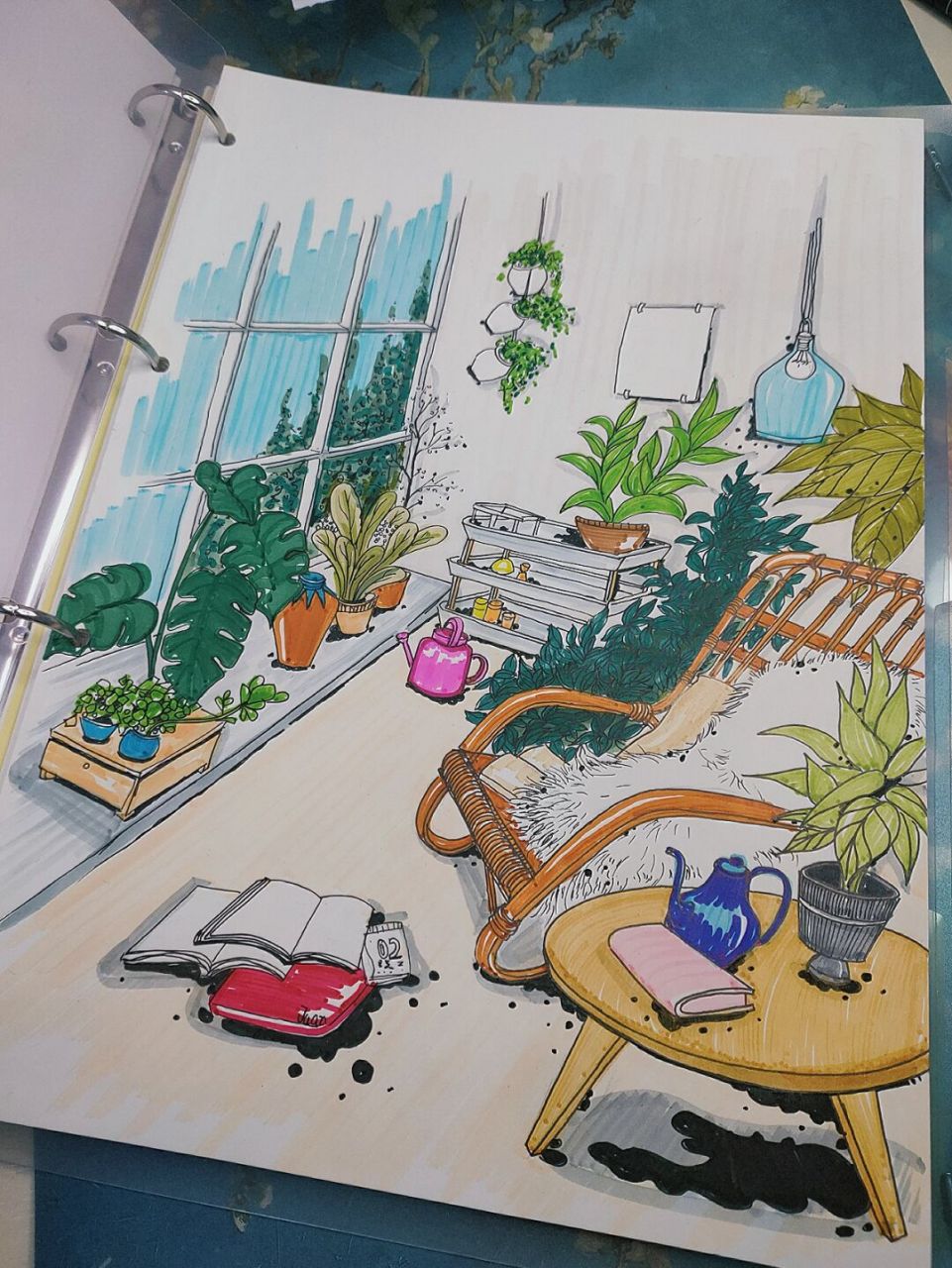 马克笔室内装饰画(客厅)上色 疫情在家什么都干不了,辛亏还可以画画.