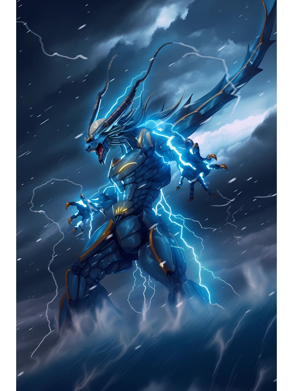 神兽机甲系列-青龙 五行之木-青龙,以青色金色为主,闪电和海浪为装饰