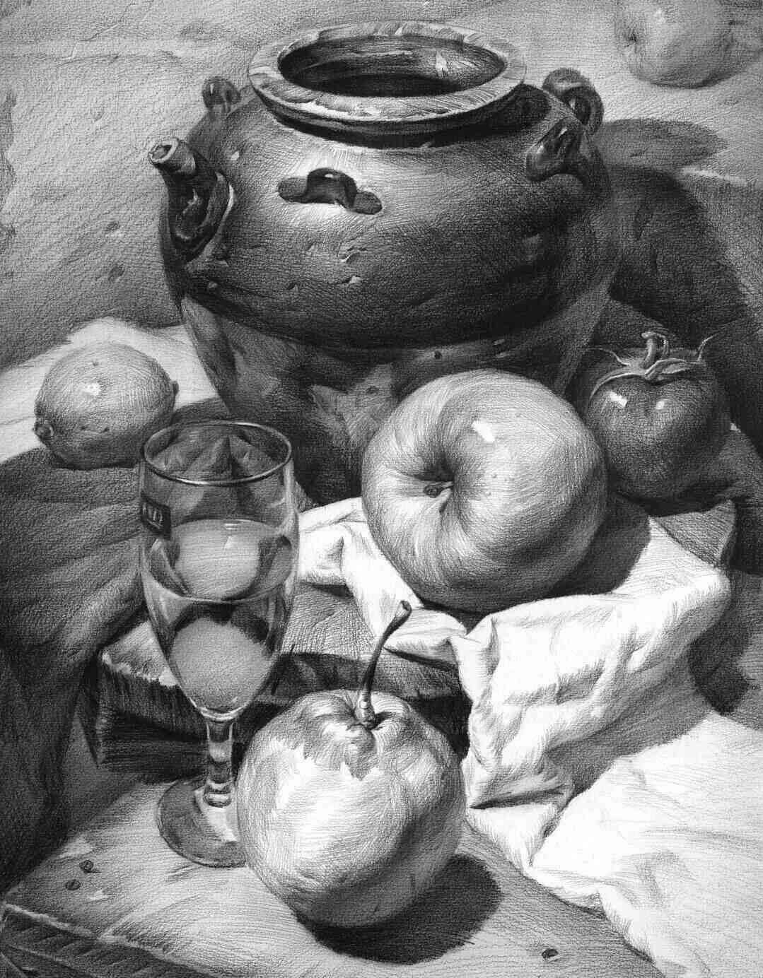 素描静物的六个要点及步骤分析讲解 第一构图起形,观察整体画面,注意