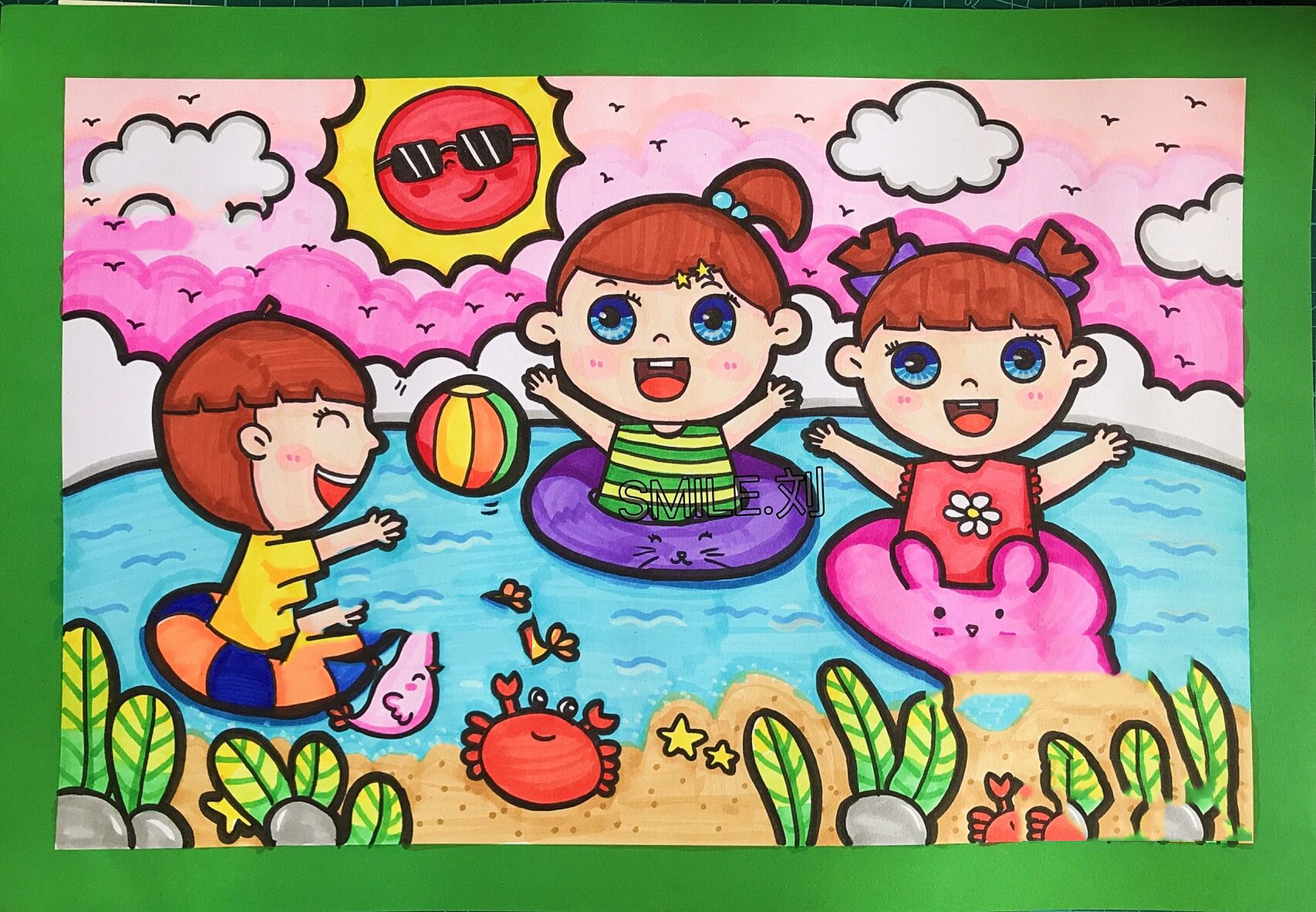 夏天海边主题儿童画/幼儿园玩水简笔画