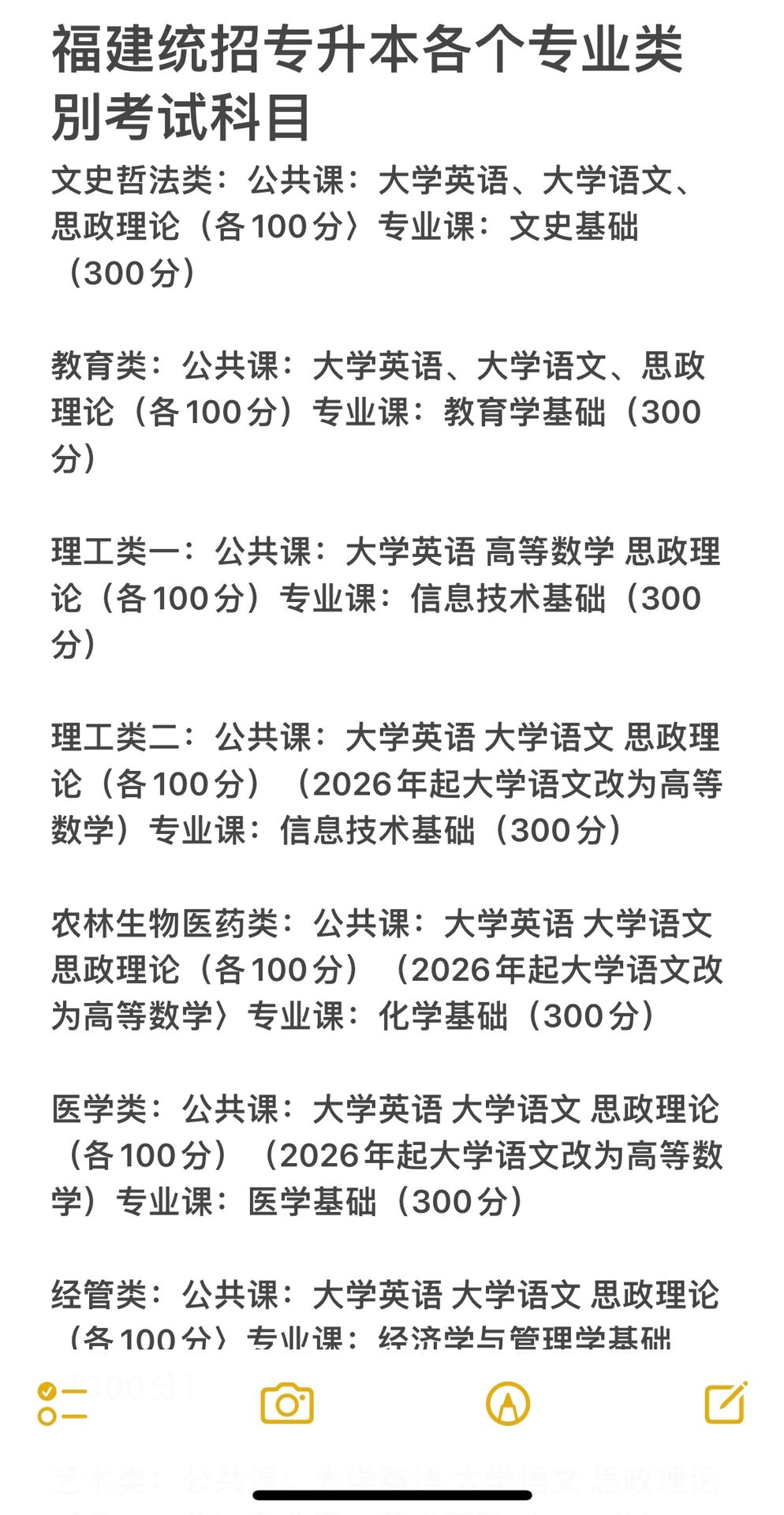 福建专升本各类别考试科目及分值