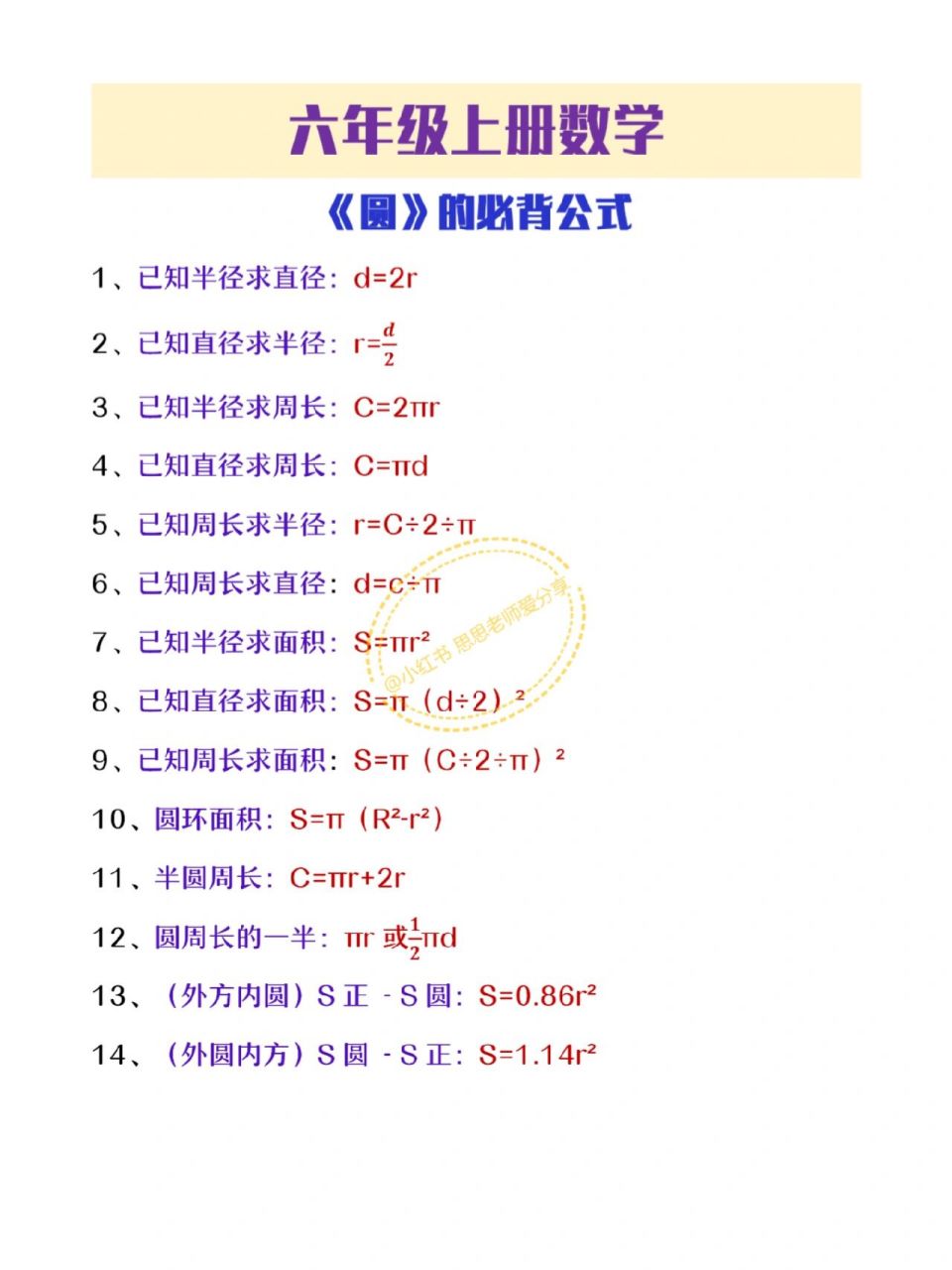 六年级上册数学《圆》的必背公式,考试必备 六年级上册数学《圆》的必