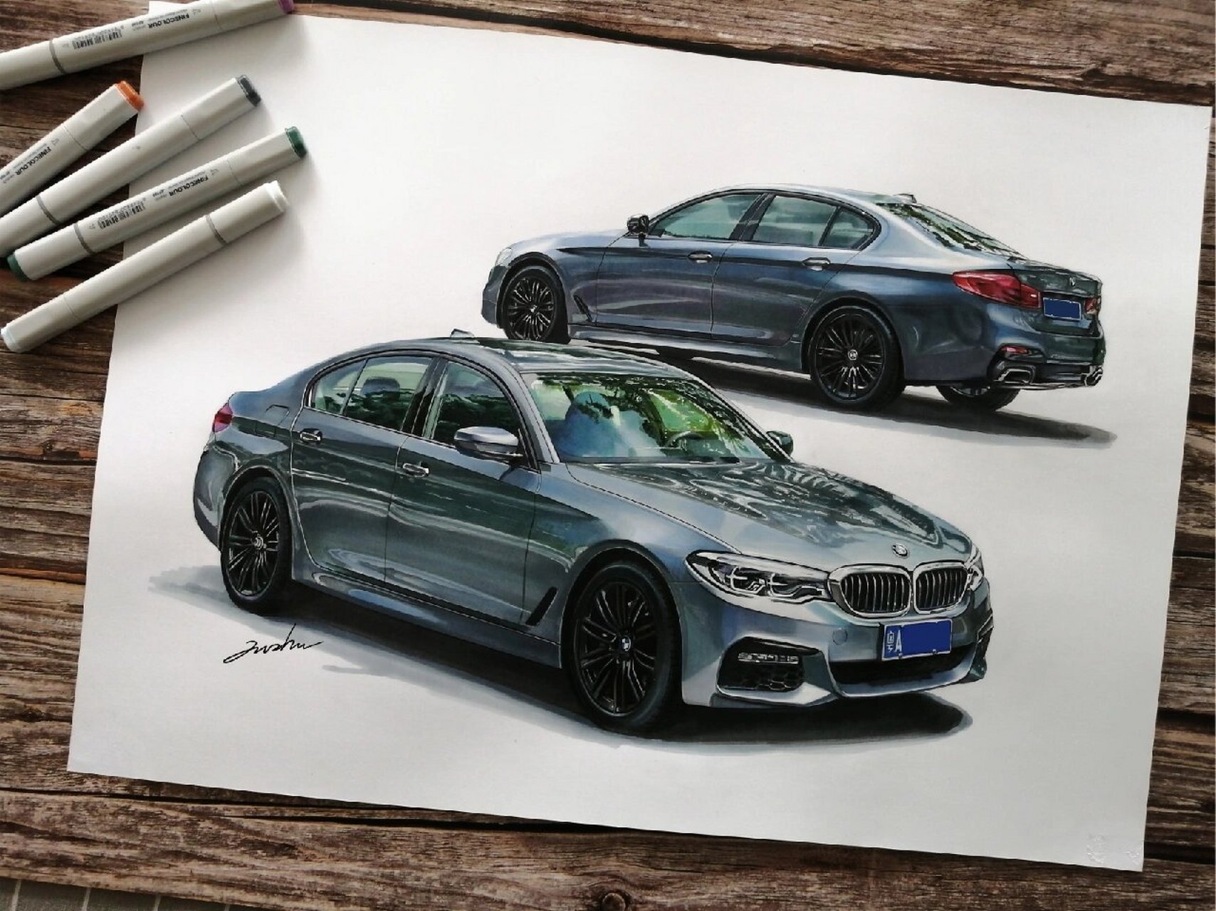 马克笔汽车手绘*新年第一幅,bmw530i 阳康后的第一幅,年底腊月二十八
