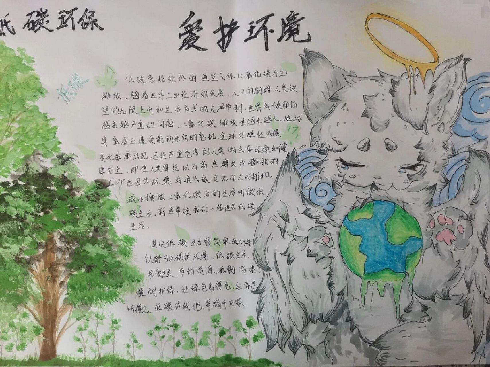 "低碳环保,爱护环境"手抄报来喽 有部分也是临摹