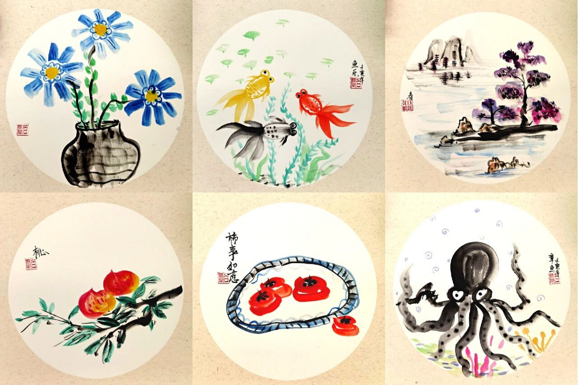 儿童国画合集 柿子 金鱼 春 章鱼 紫藤花 蜗牛 桃子.