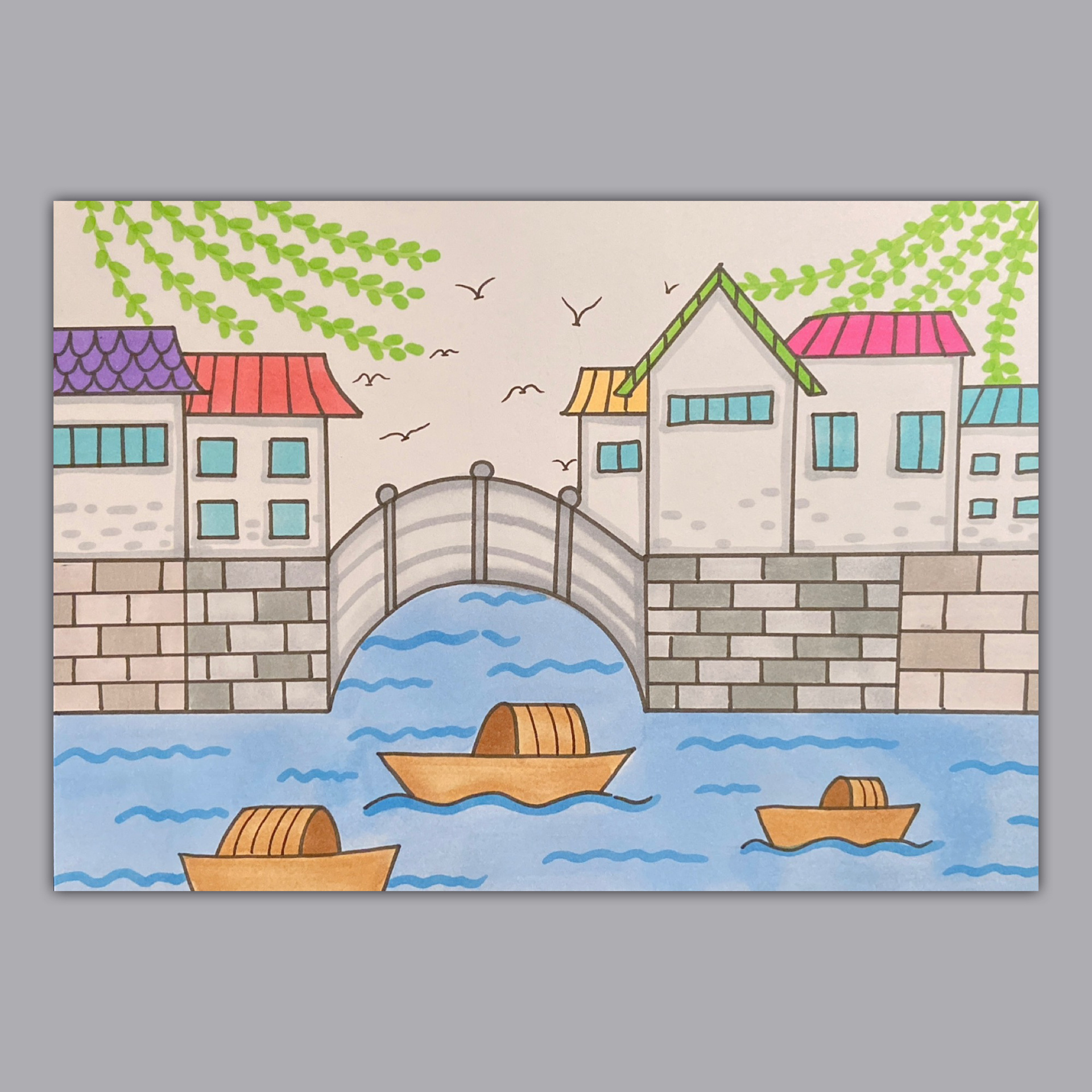 江南小镇儿童画古建筑船只水乡简笔画小房子