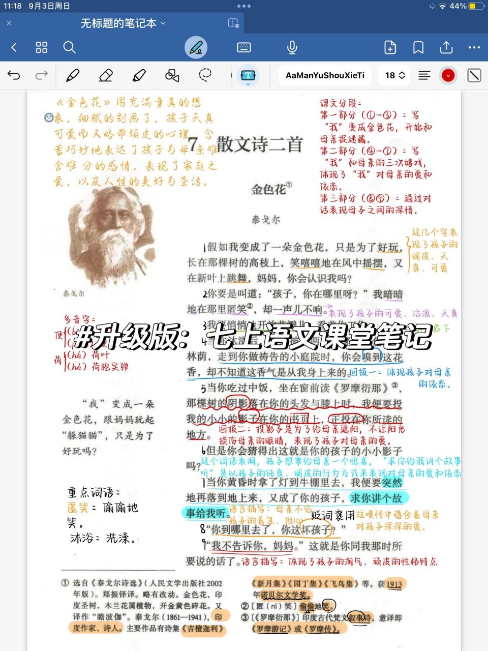 补充版:七上语文课堂笔记「散文诗二首」 第七课来啦,感谢大家的鼓励