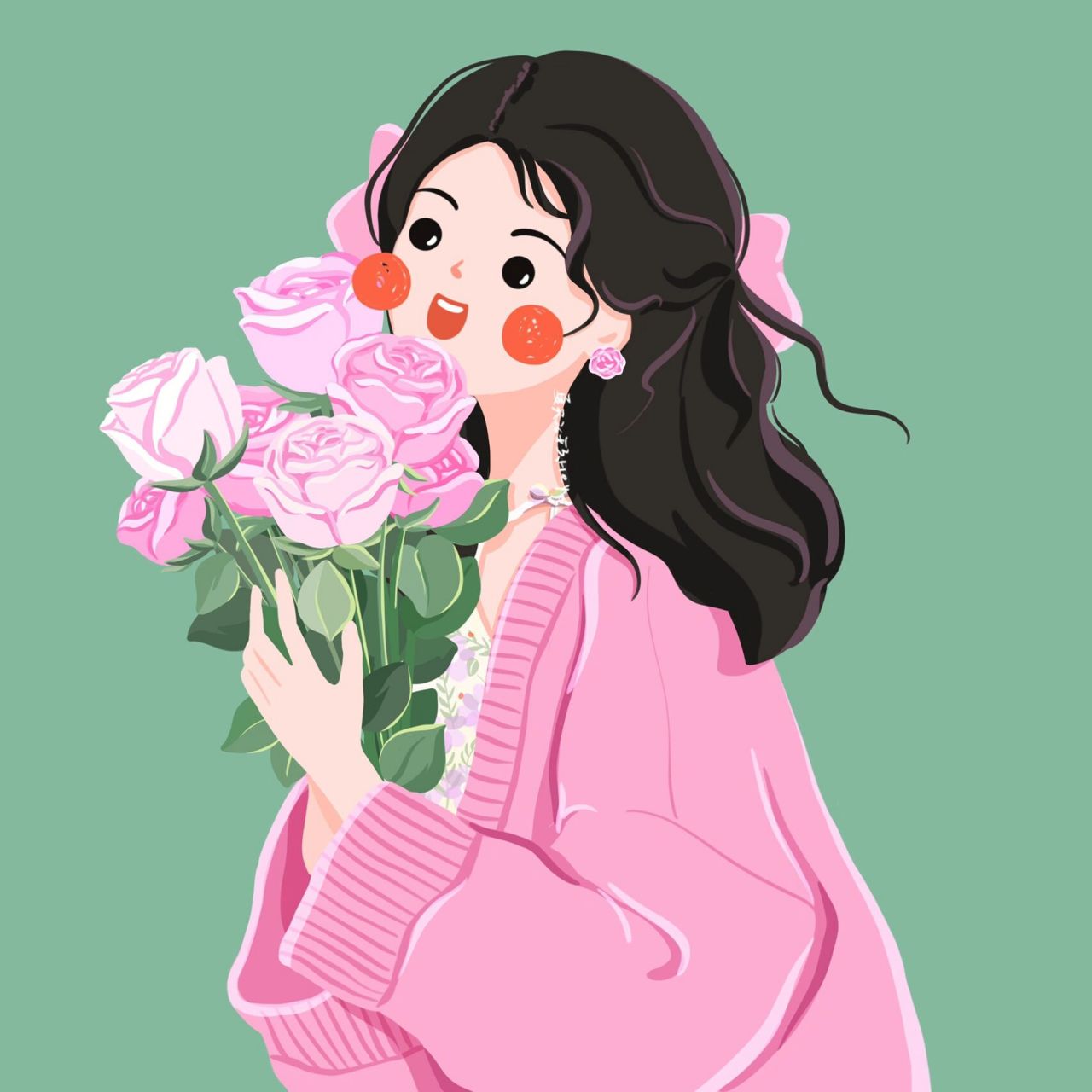 插画头像 · 17  | 手捧玫瑰花的可爱女生 暖暖的春天,手捧花花,感受