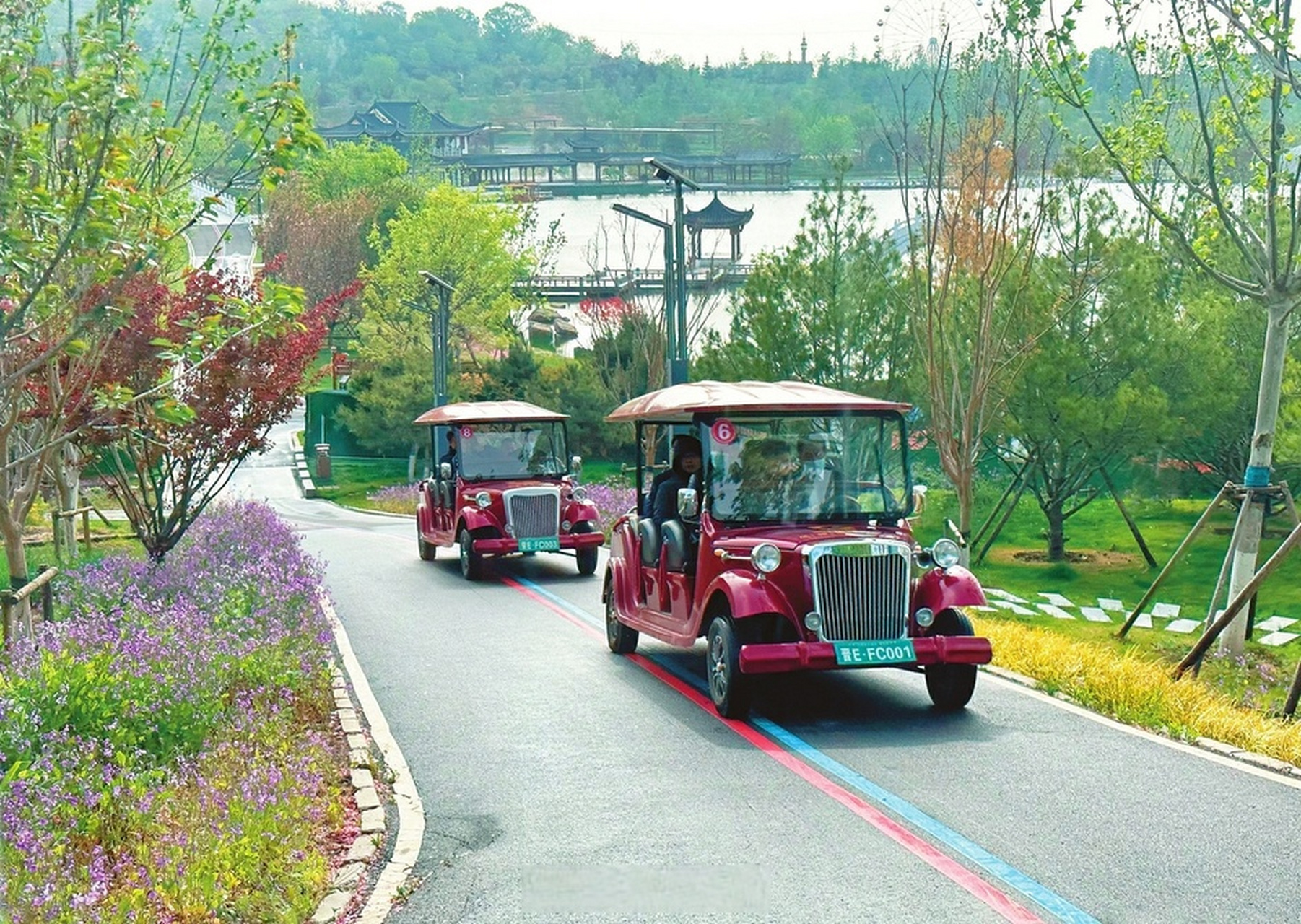 【暢遊山水間】4月29日,晉城市白馬寺山森林公園,遊客乘坐特色遊覽車