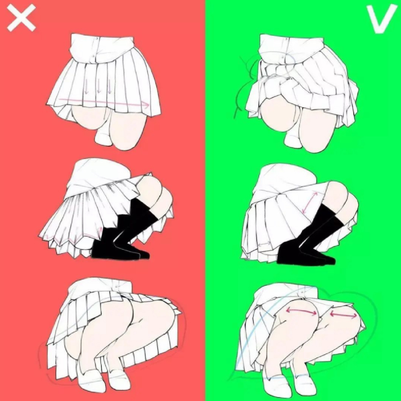 蹲姿的裙子褶皱不会画?