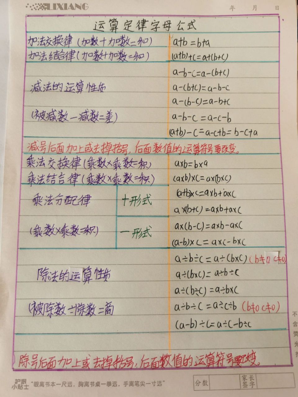 北师大版小学运算定律字母公式汇总 北师大小学运算定律字母公式汇总