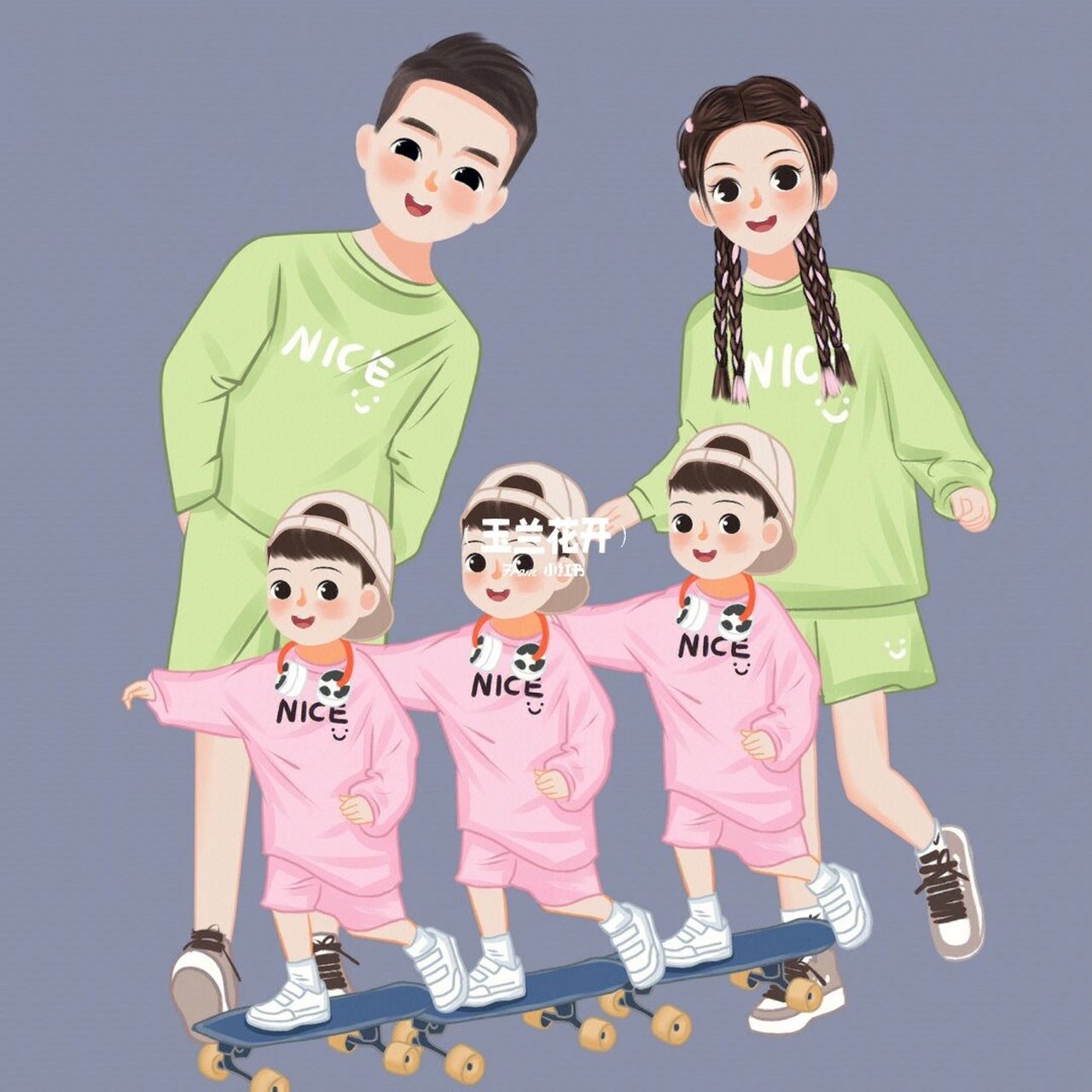 亲子头像|五口之家|微信头像|漫画头像 好看的春季全家福头像来啦