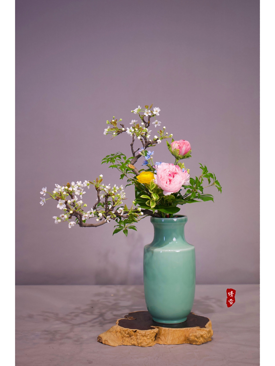 中华花艺 中式插花|中级课程 瓶花 平出型 晴雪同学的课堂习作,瓶花平