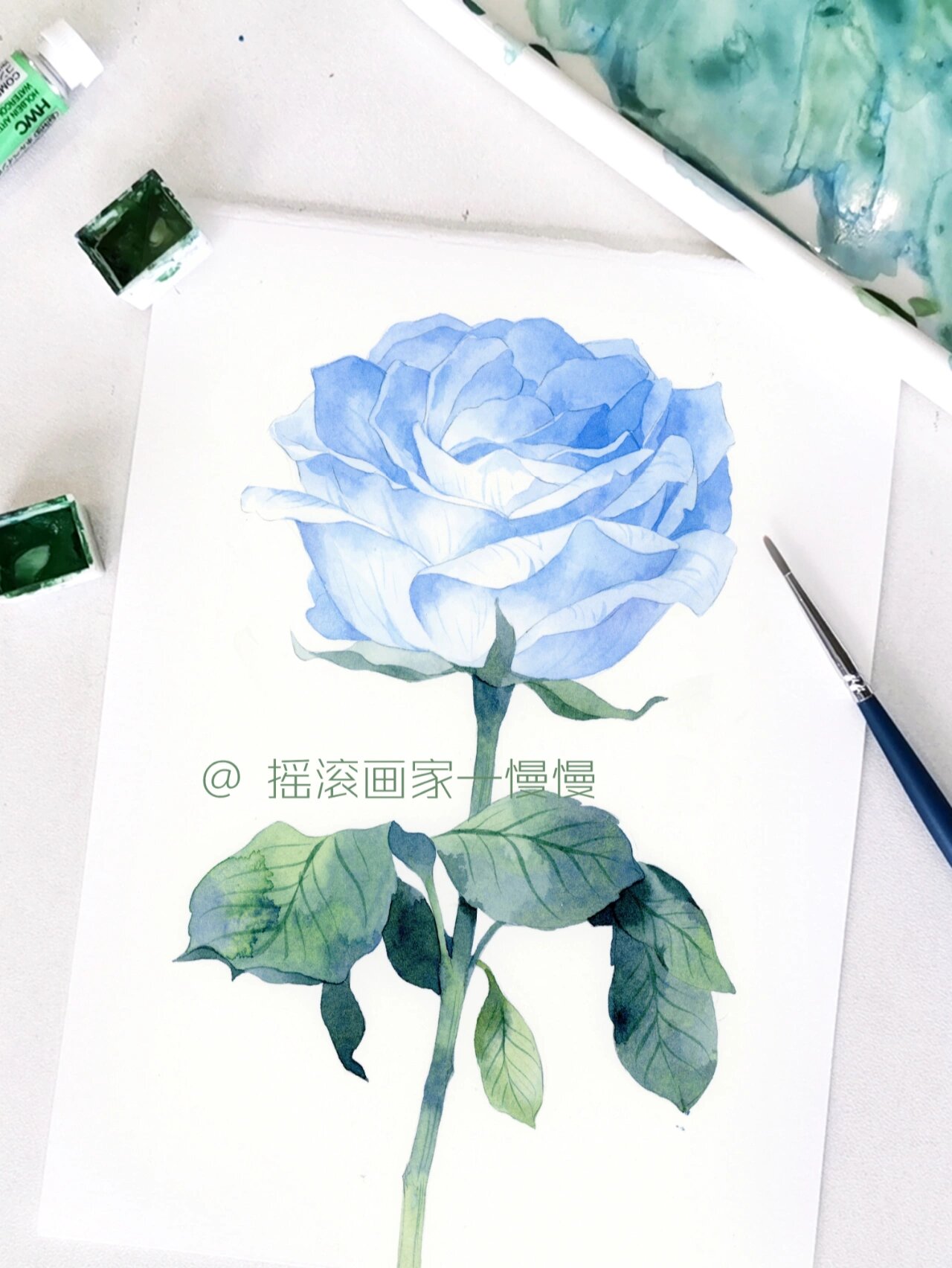 水彩花卉61蓝玫瑰(附教程)