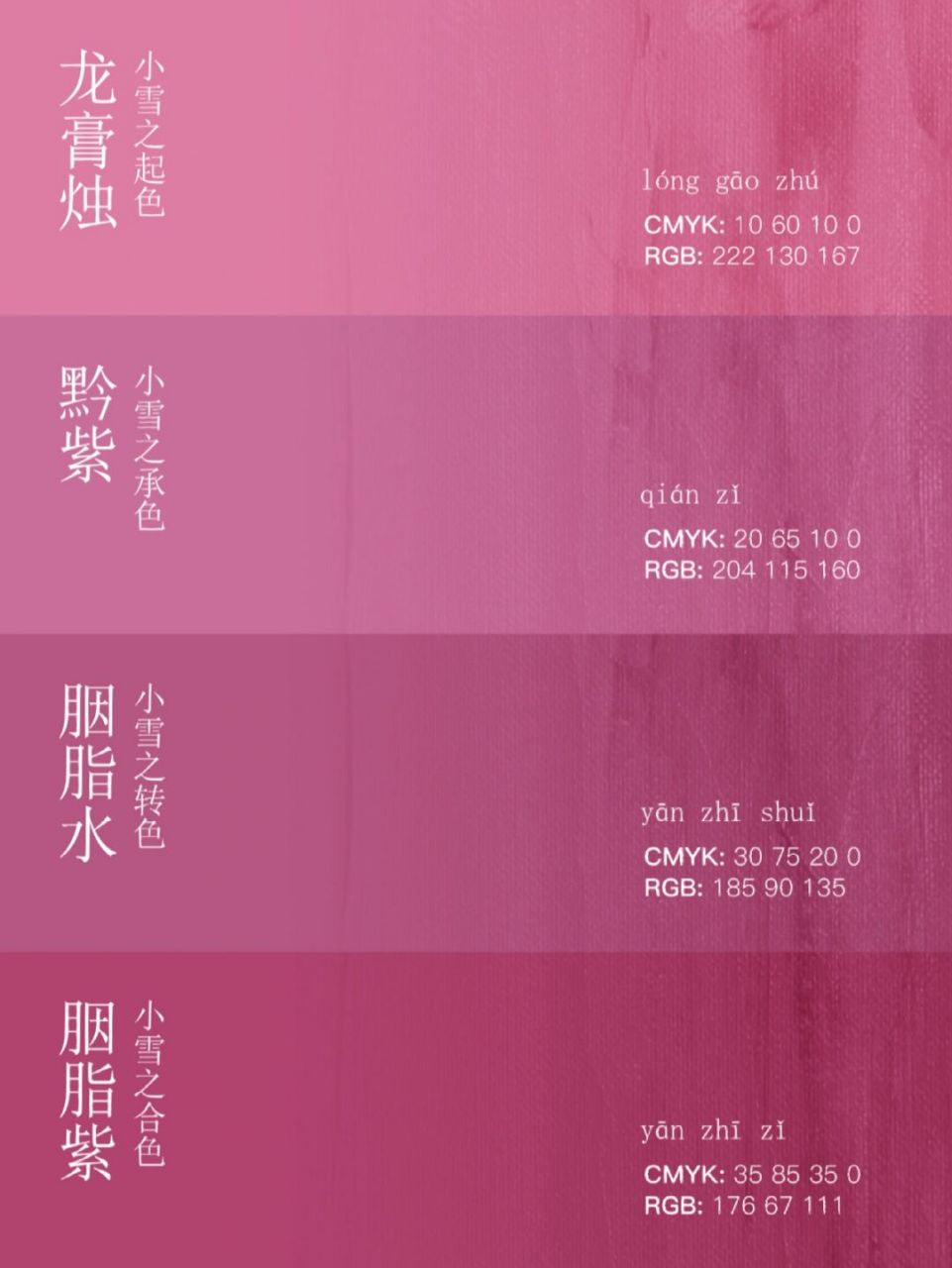 中国传统色|小雪 龙膏烛-小雪之起色 c10m60y10k0 r222g130b167 烟色