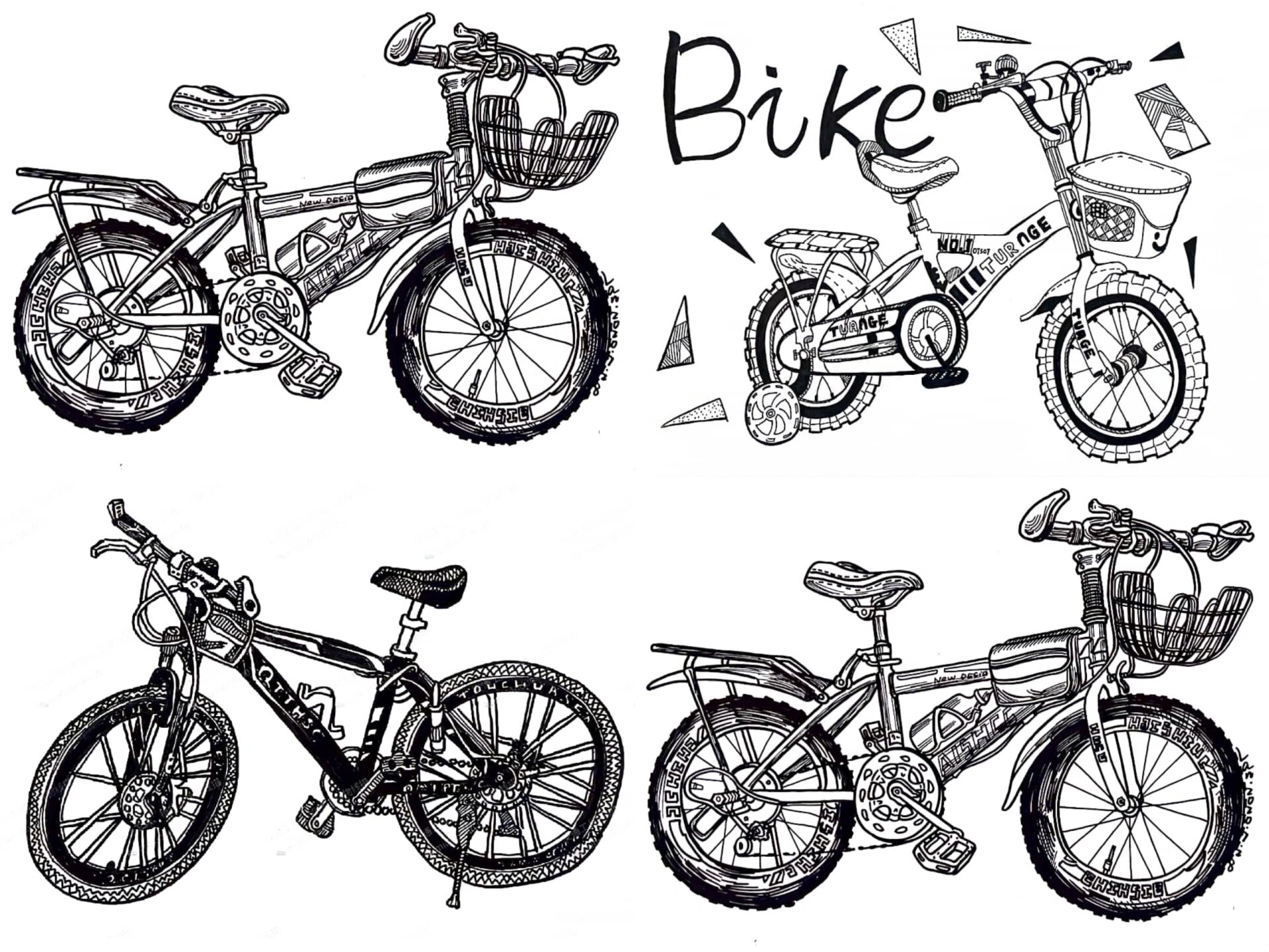 黑白线描自行车写生素材打印图