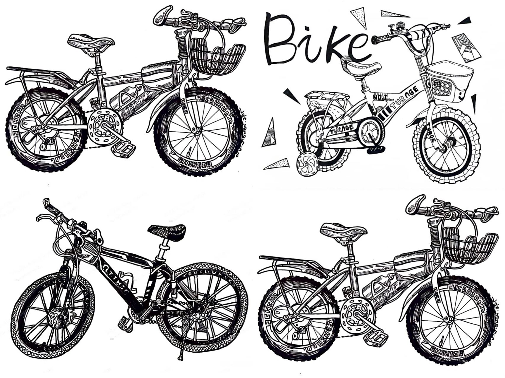 黑白线描自行车写生素材打印图