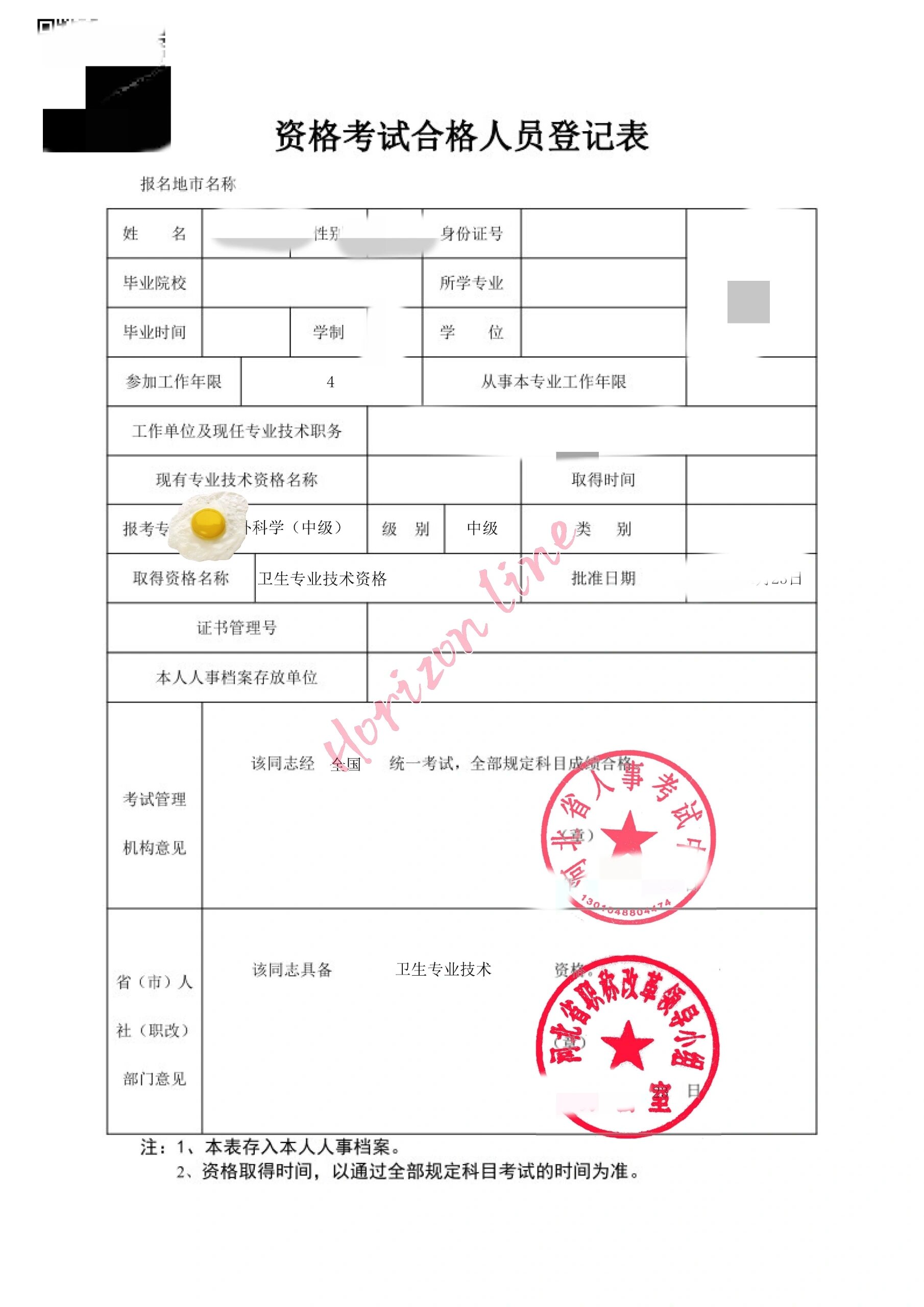 卫生资格考试合格人员登记表