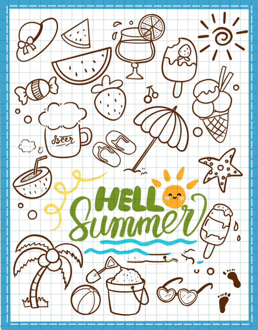 简笔画|夏天主题西瓜沙滩夏日手绘手帐素材 零基础绘画|简笔画教程