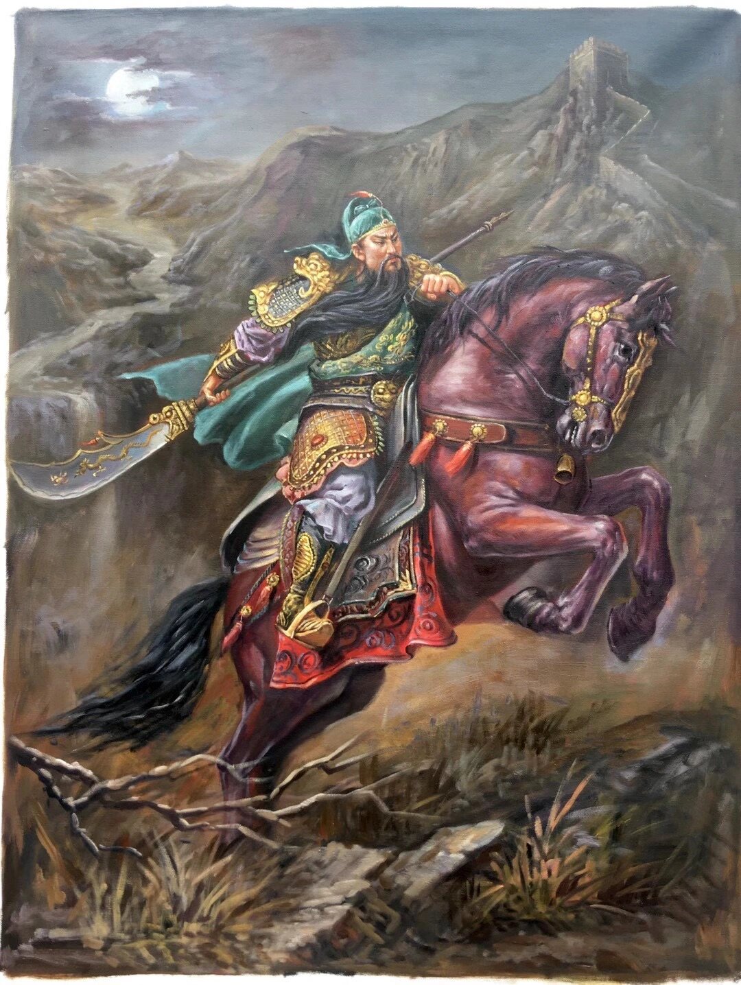 手绘油画横刀立马关云长90*120cm