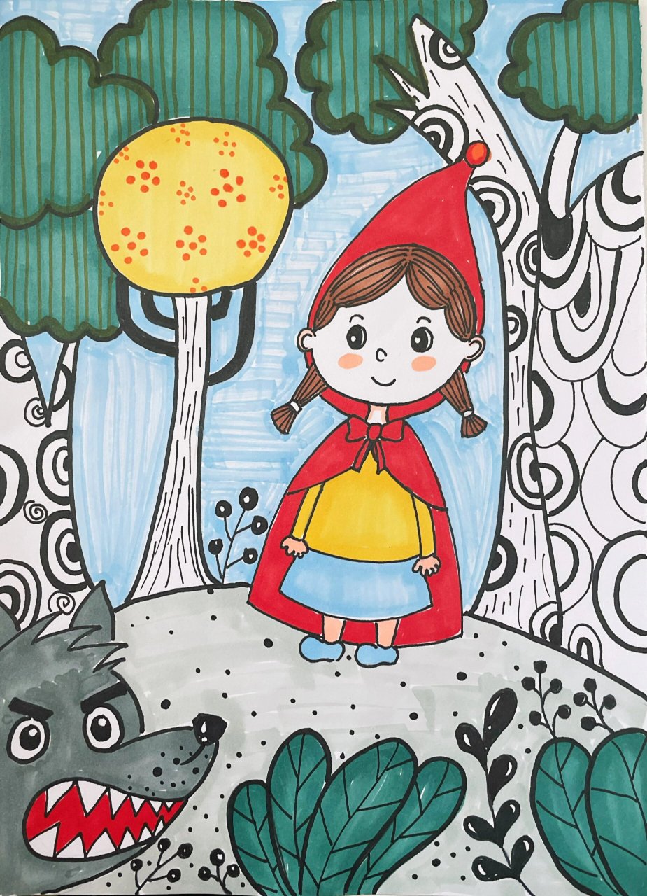 小红帽与大灰狼 童话故事《小公帽与大灰狼》简笔画,适合小学生的绘画