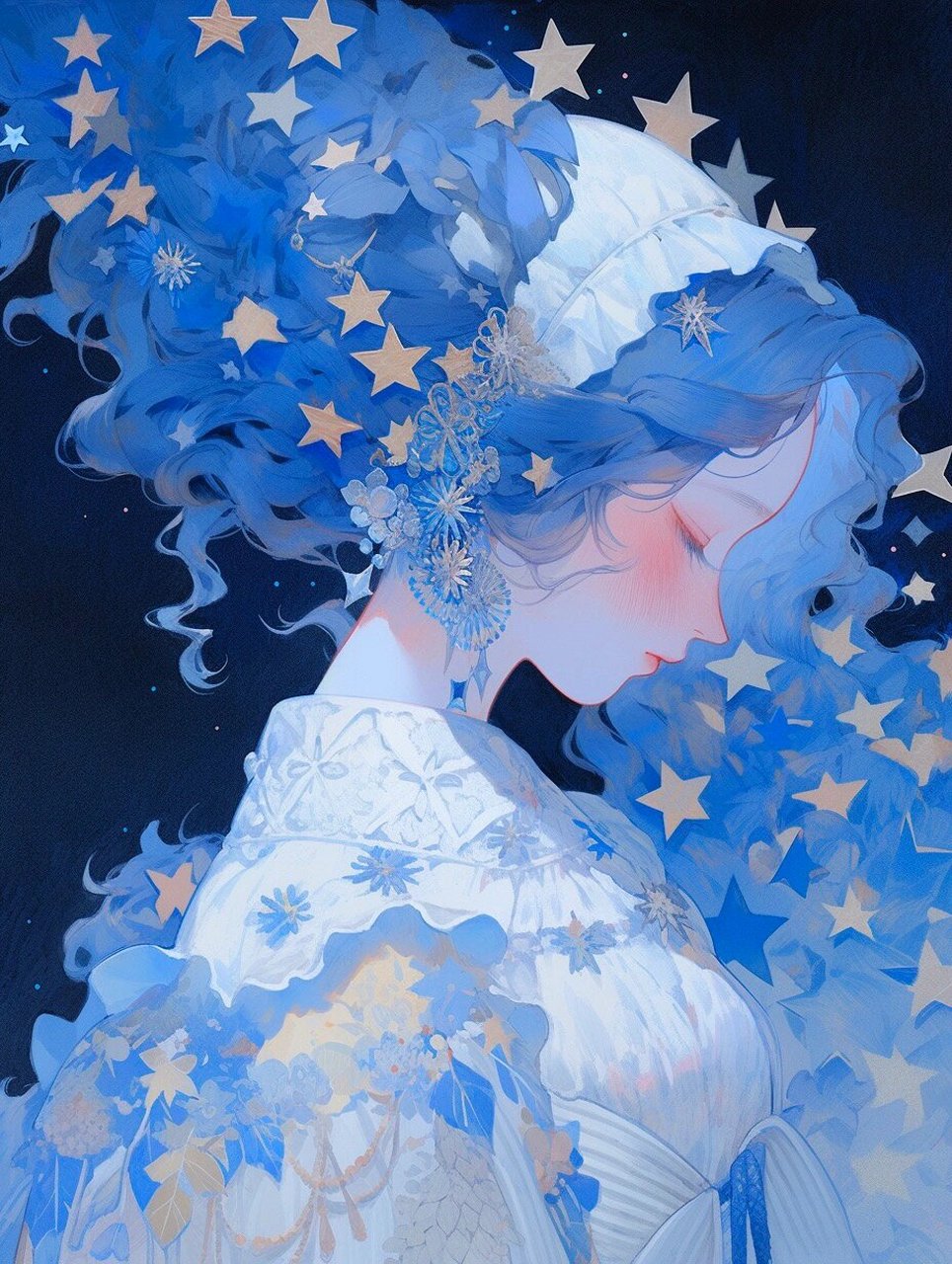 治愈蓝色系梦幻星海女孩头像 静谧的蓝色,恬静的女孩 上帝打翻星河